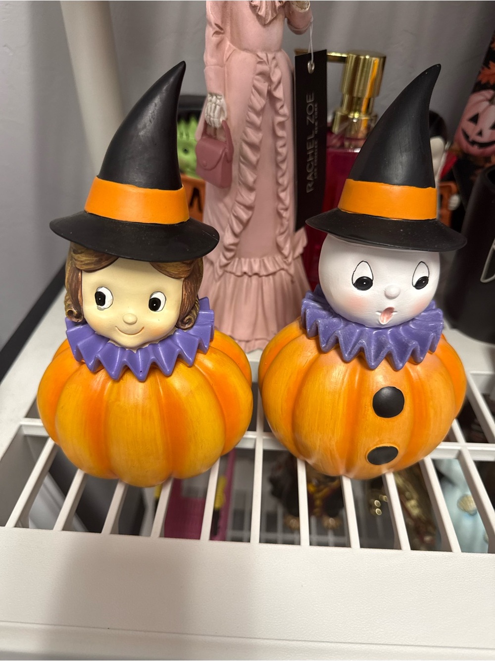 Whimsical Pumpkin Witch Figurines - Orange & Purple Seasonal Duo